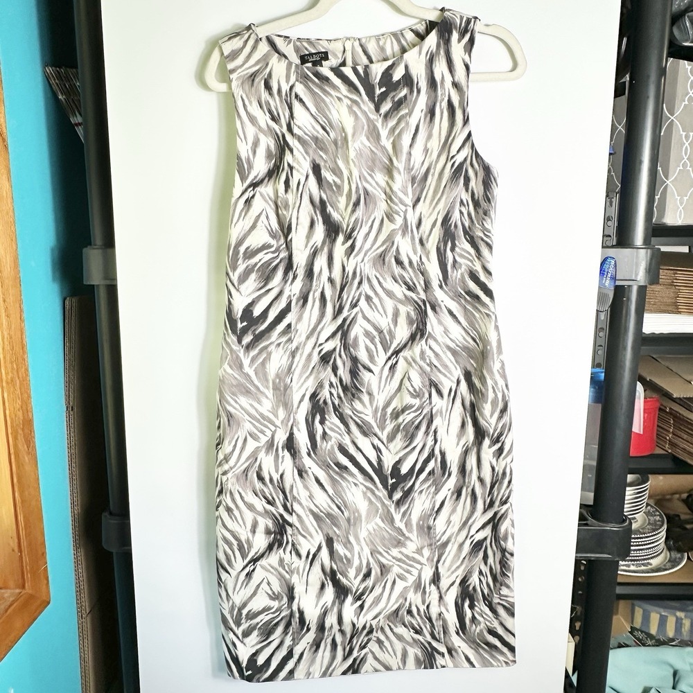 Talbots Zebra/Feather Print Sheath Dress Sleeveless Lined Womens Size 6 Stretch